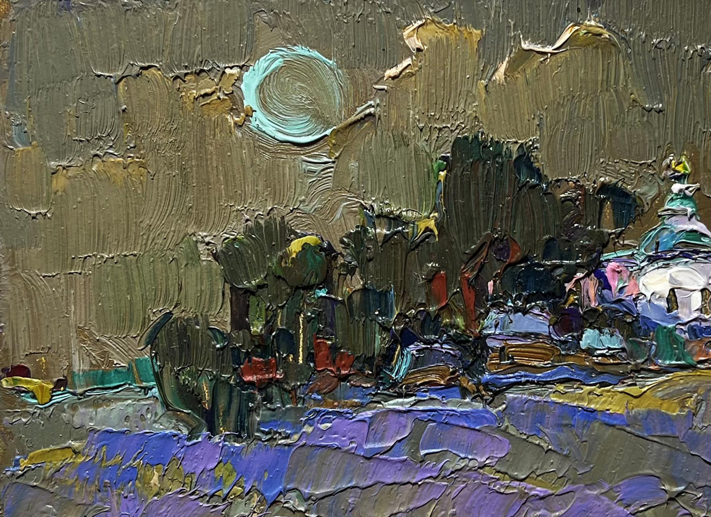 Oil painting Moonlit night in the village by Oksana Ivanyuk with turquoise moon