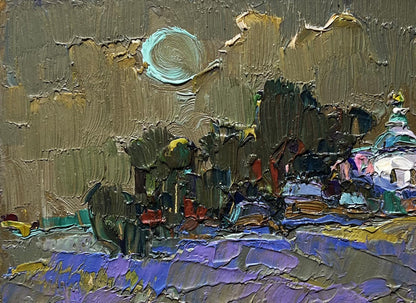 Oil painting Moonlit night in the village by Oksana Ivanyuk with turquoise moon