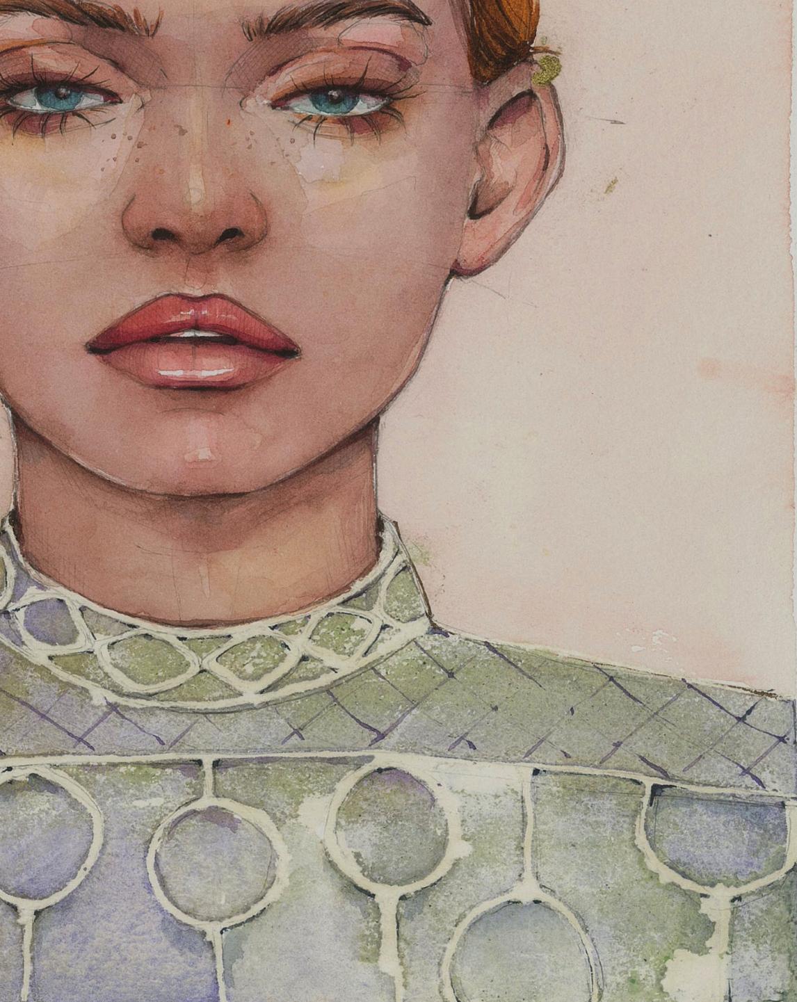 Watercolor painting Gaze girl by Victoria Kagalovska in green lattice garment