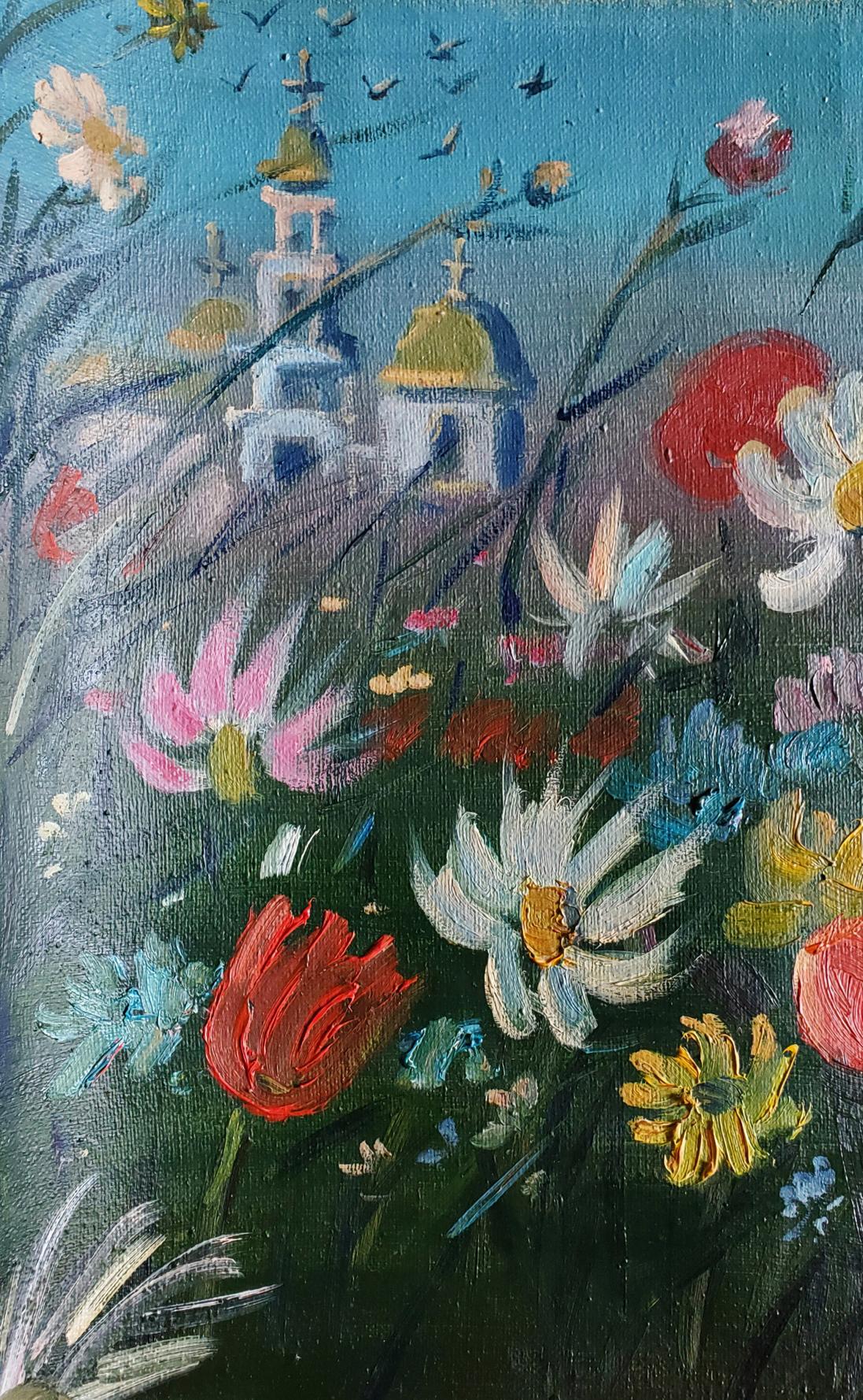 Vibrant oil painting Melody of the Steppe by Daniil Litvinov with wildflowers