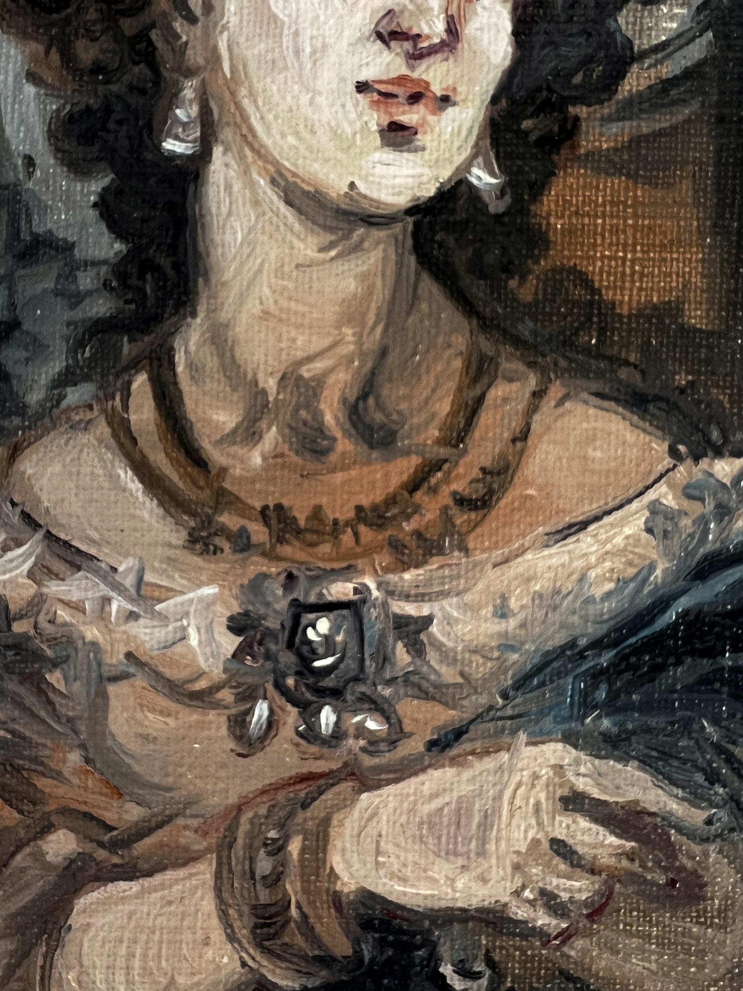 Oil painting portrait of noble woman with dark ornate brooch by Alexander Litvinov
