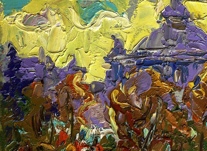 Vibrant city yellow sunset oil painting by Oleksiy Ivanyuk