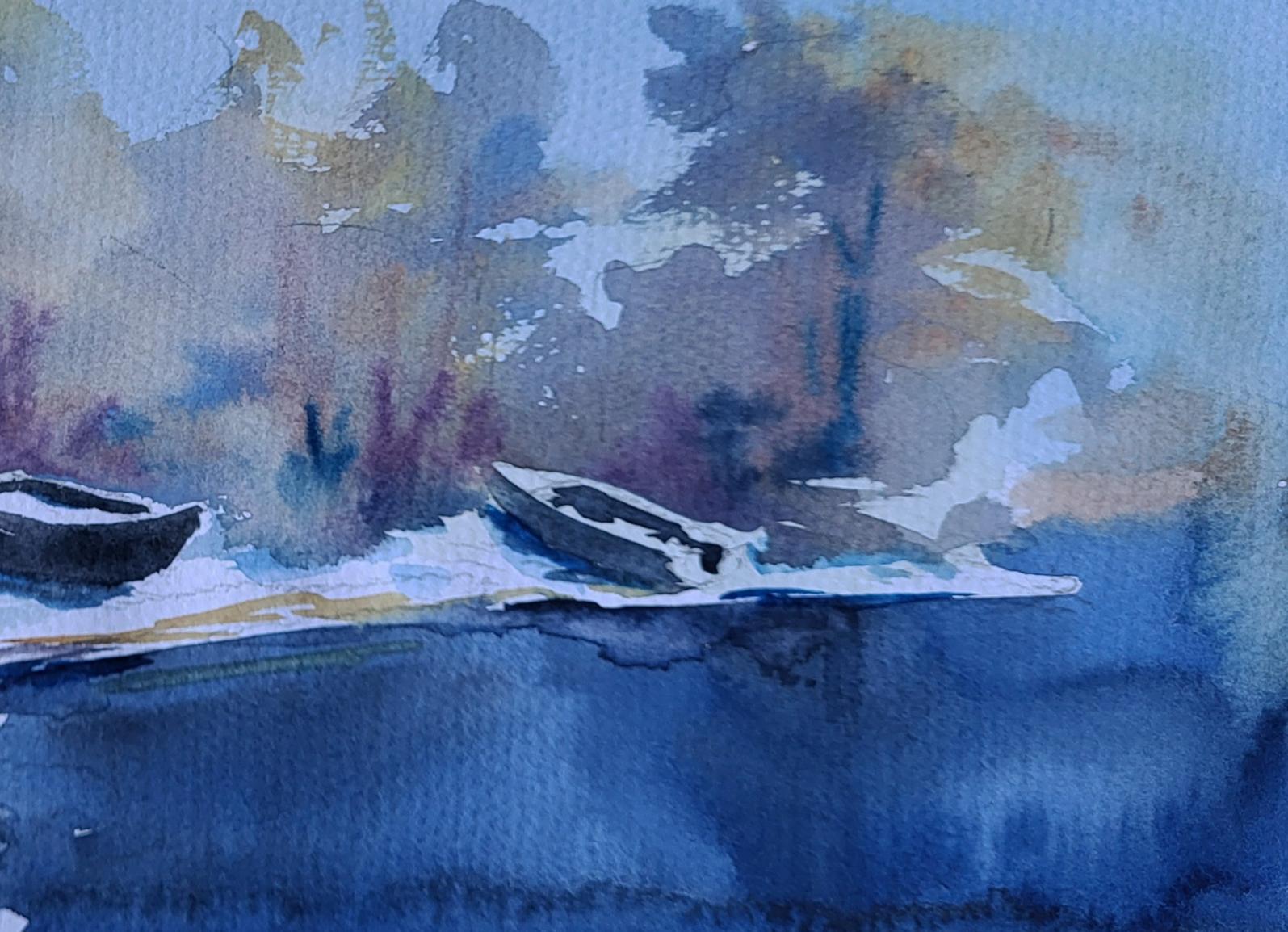Watercolor painting of snowy morning light by Boris Serdyuk with boats