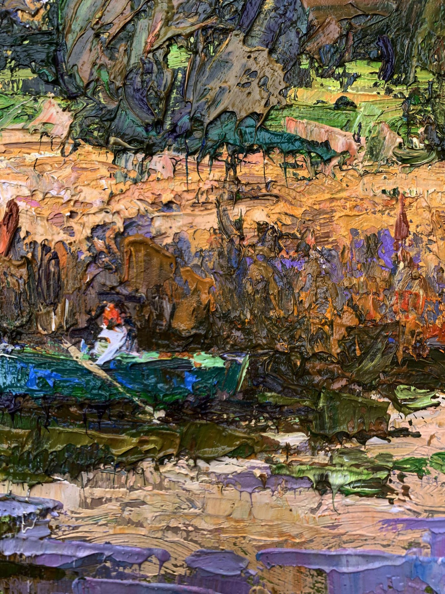 Oil painting Among the Reeds by Oksana Ivanyuk: green boat in colorful water