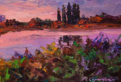 Vibrant impressionist oil painting Sunset over the river by Boris Serdyuk