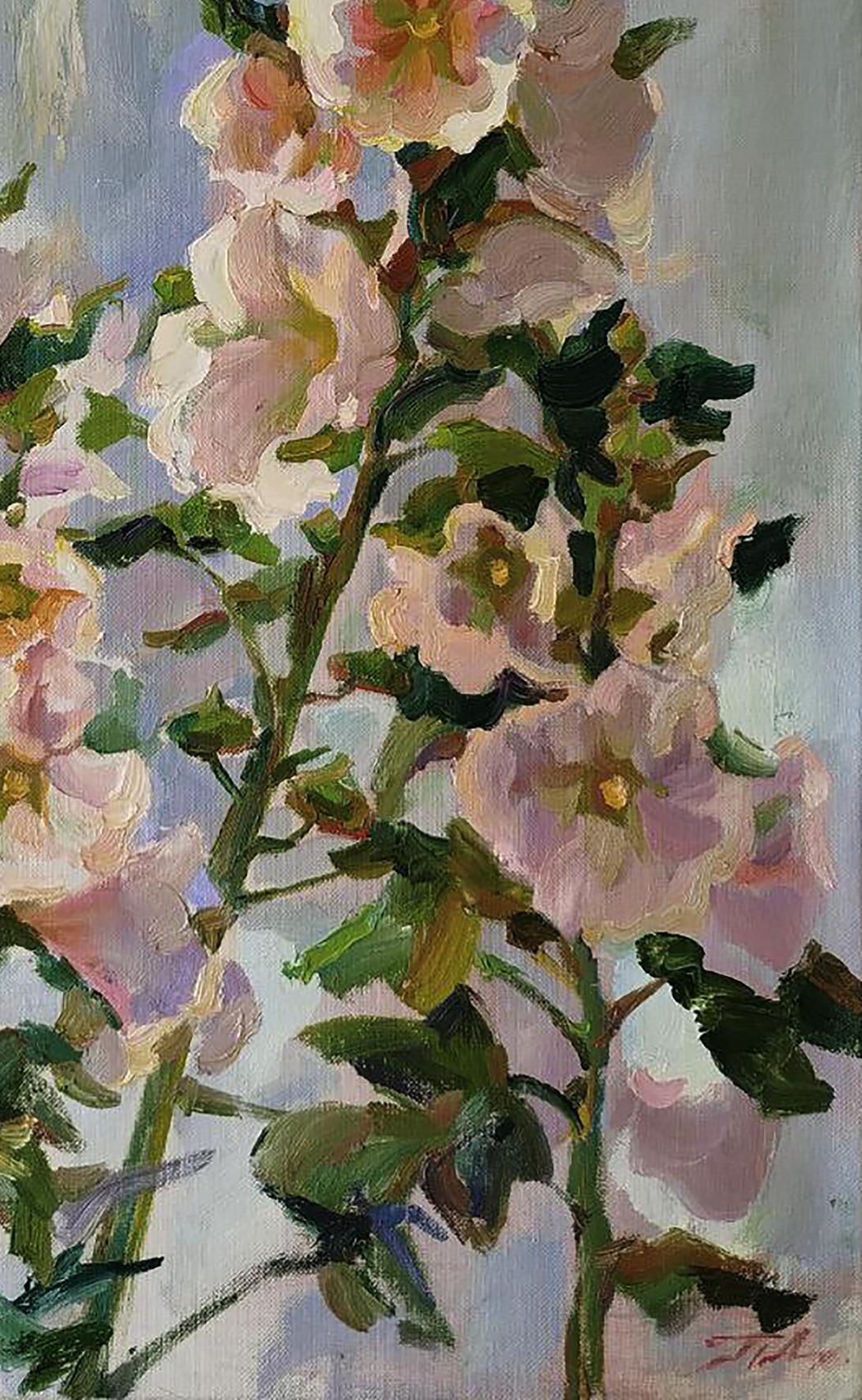 Oil painting Mallows by Leonid Pavlenko: pink hollyhock with leaves on blue background