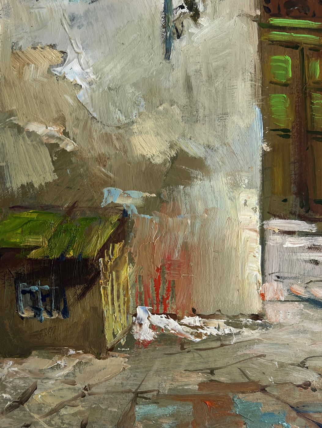Textured impressionistic oil painting of old house in city alley by Yuriy Suprunchuk