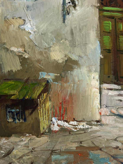 Textured impressionistic oil painting of old house in city alley by Yuriy Suprunchuk