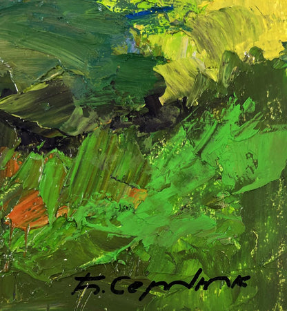 Vibrant green yellow impasto oil painting of old pedestrian bridge by Boris Serdyuk