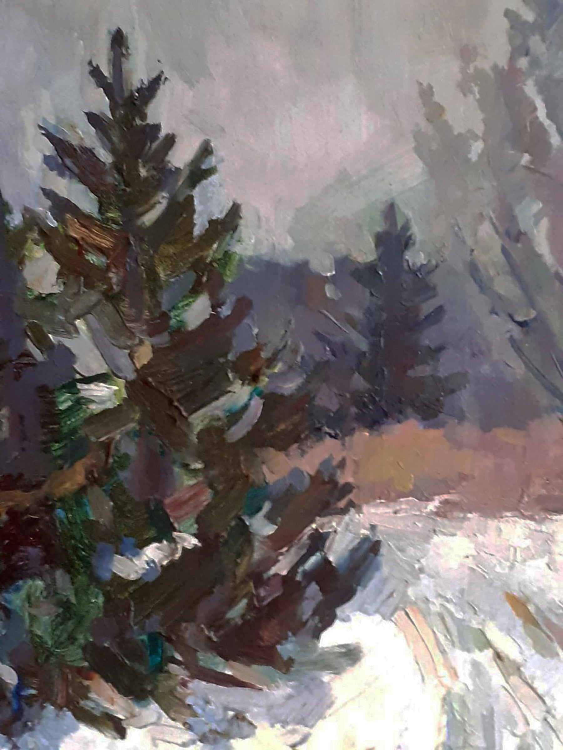 Oil painting by Peter Dobrev of snow-dusted evergreen Christmas tree