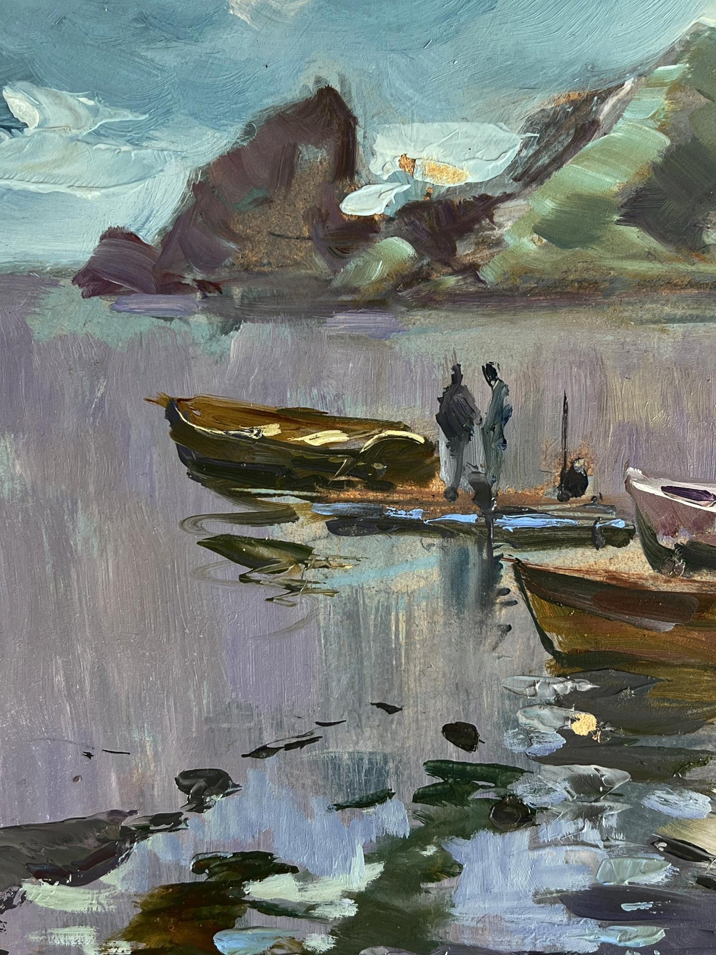 Oil painting Boats on the Seashore by Yuriy Suprunchuk impressionistic dock scene