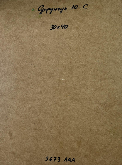 Back of Yuriy Suprunchuk oil painting House on the mountains with brown cardboard textured backing handwritten markings and printed numbers