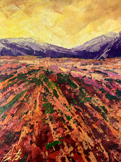 Vibrant oil painting of mountain sunset by V. Zadorozhnya