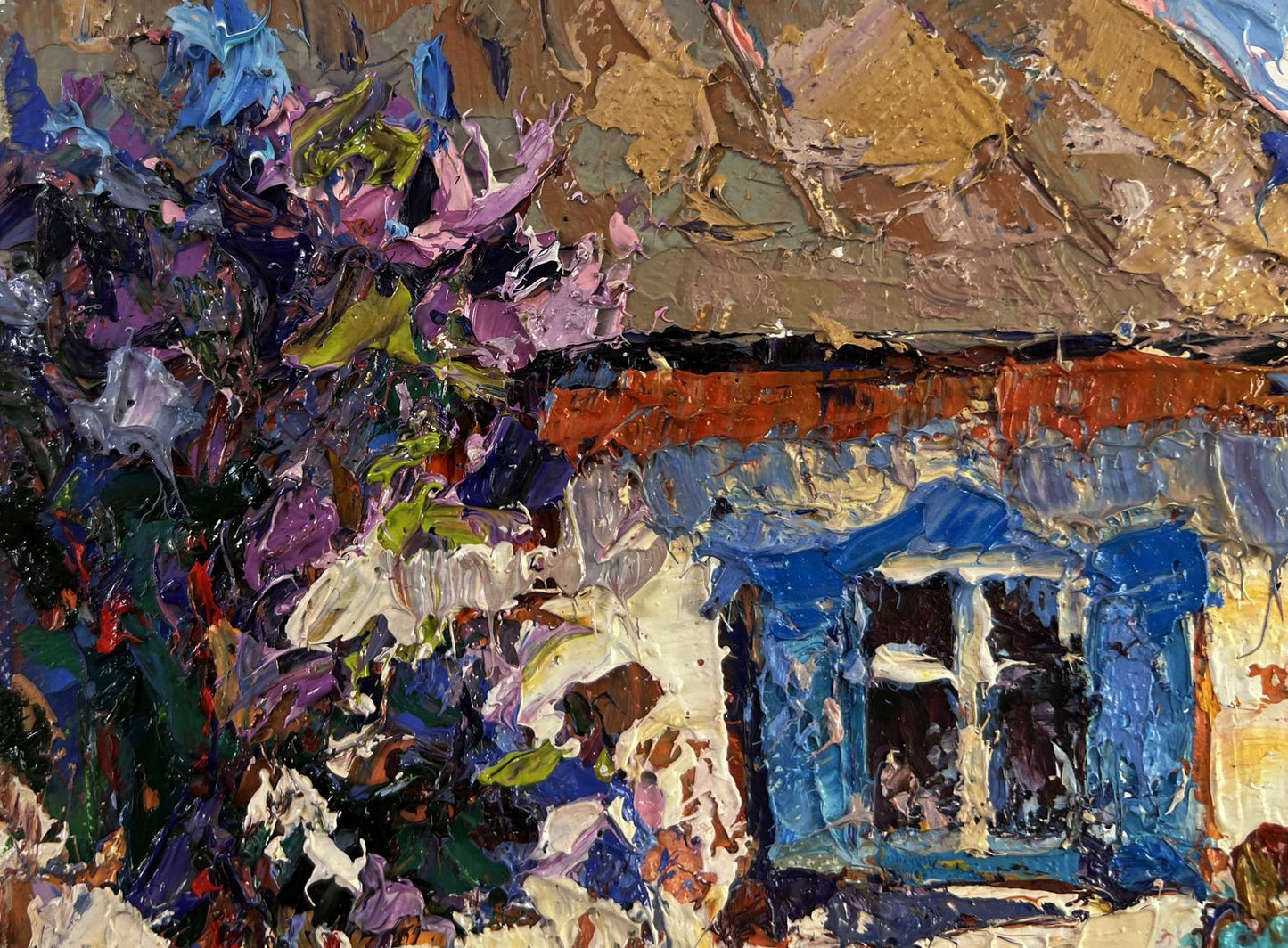 Vibrant oil painting Warm in every ray and smile by Oksana Ivanyuk, rustic house in lush foliage