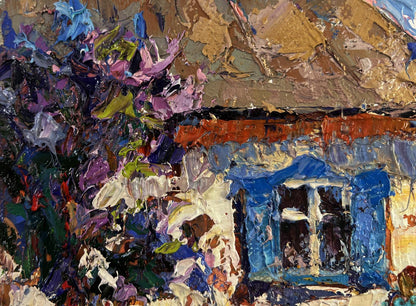 Vibrant oil painting Warm in every ray and smile by Oksana Ivanyuk, rustic house in lush foliage