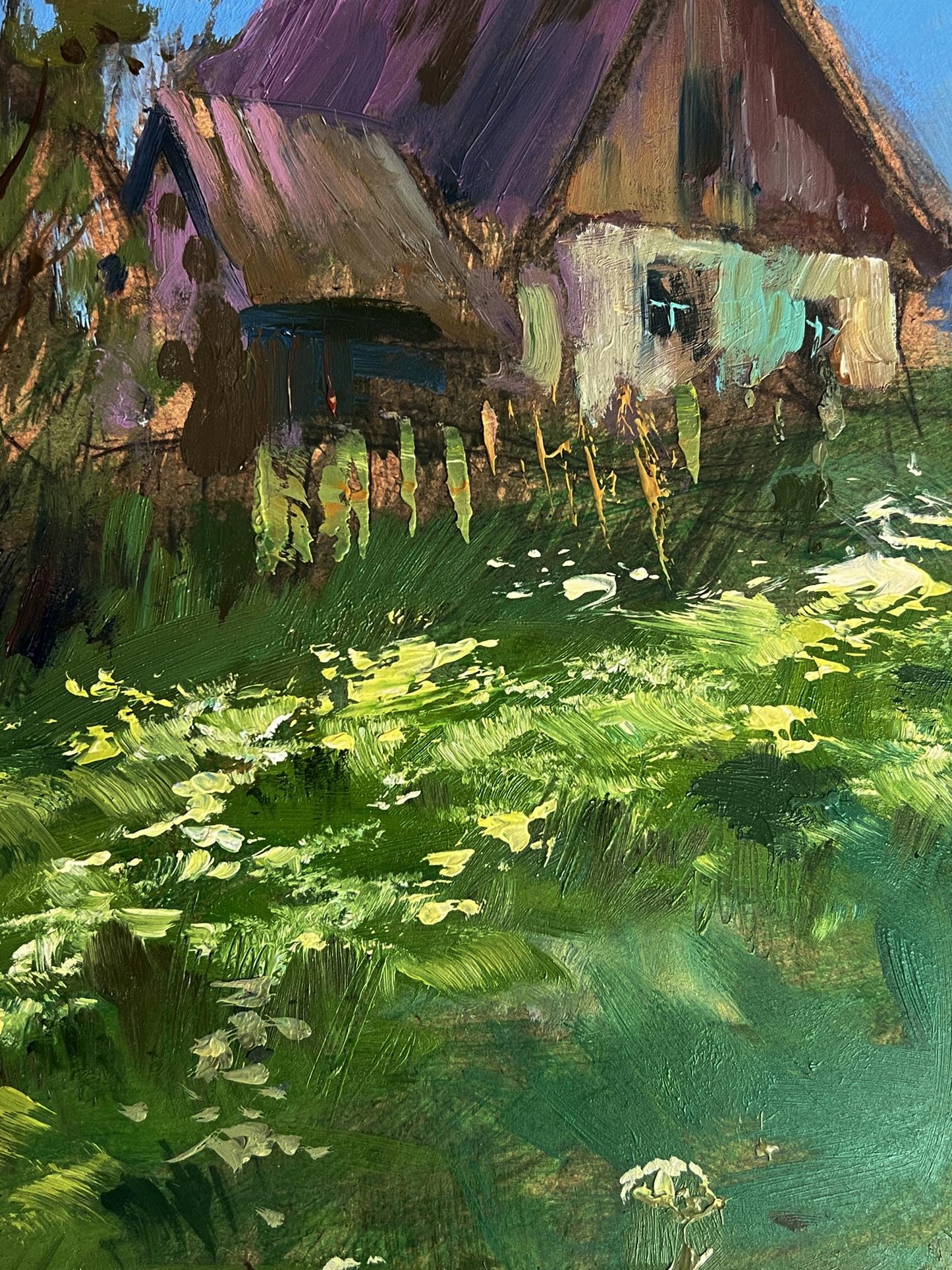 Oil painting A walk near the village by Yuriy Suprunchuk rustic purple thatched house