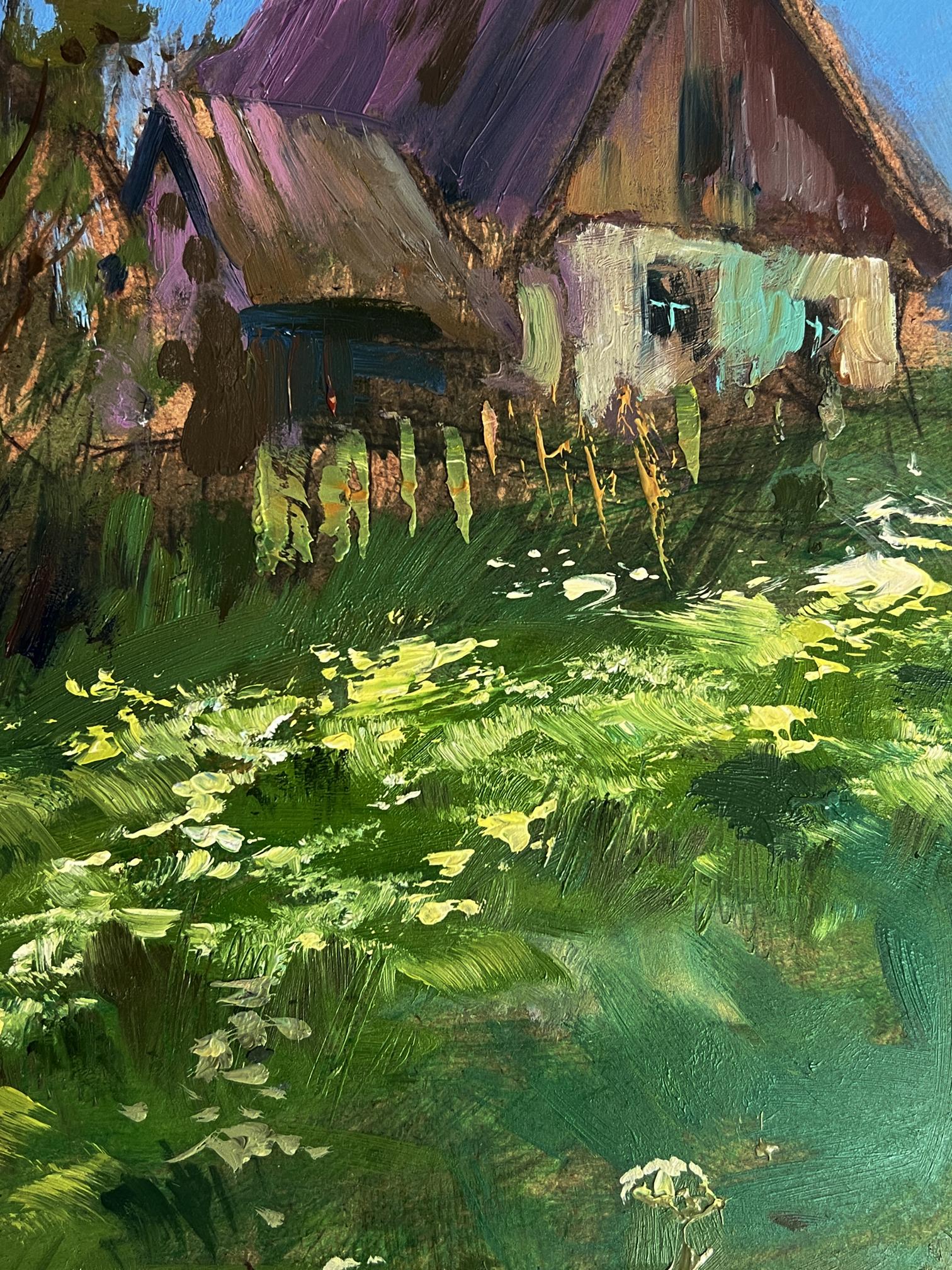 Oil painting A walk near the village by Yuriy Suprunchuk rustic purple thatched house