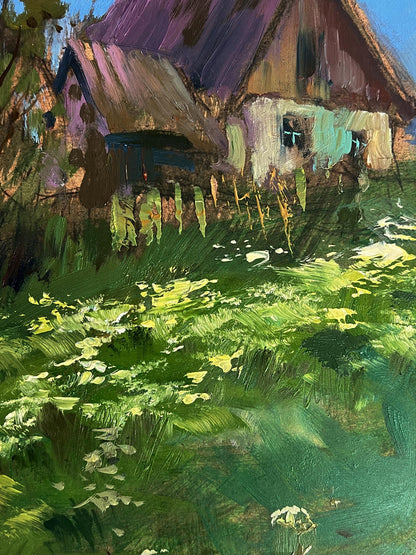 Oil painting A walk near the village by Yuriy Suprunchuk rustic purple thatched house