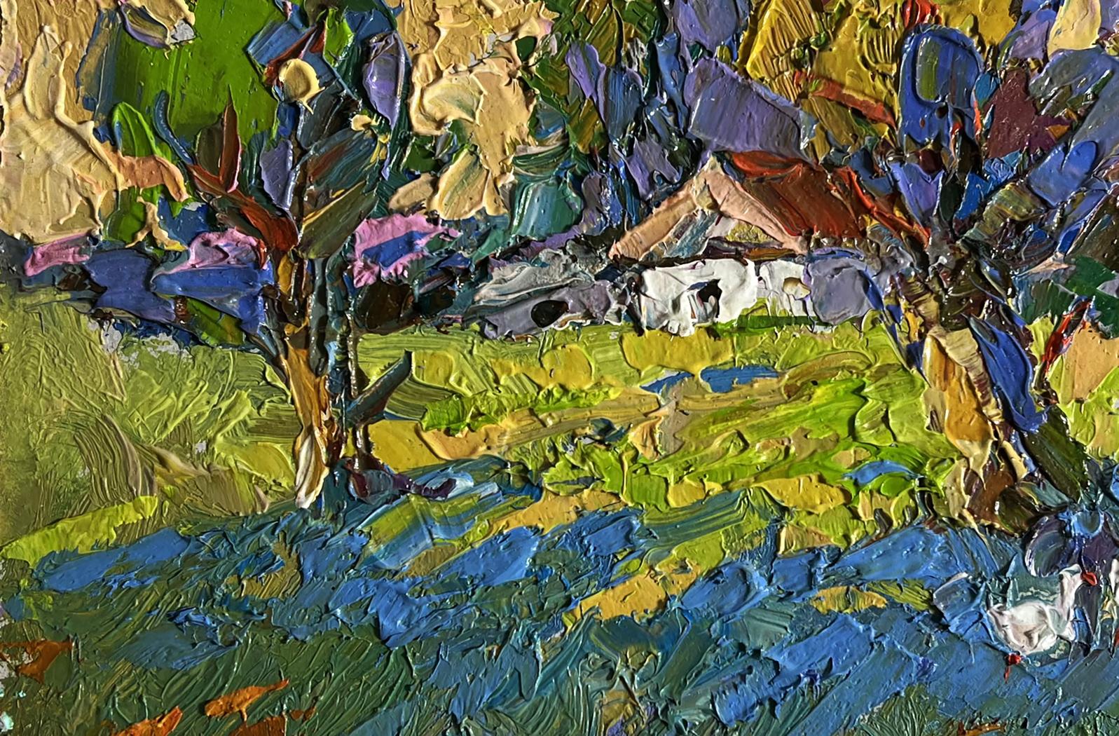 Vibrant impressionist oil painting Geese behind the trees by Oksana Ivanyuk