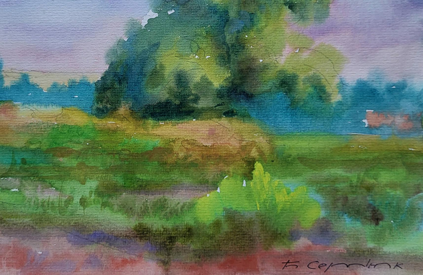 Watercolor painting of lush green tree by Boris Serdyuk, August summer day