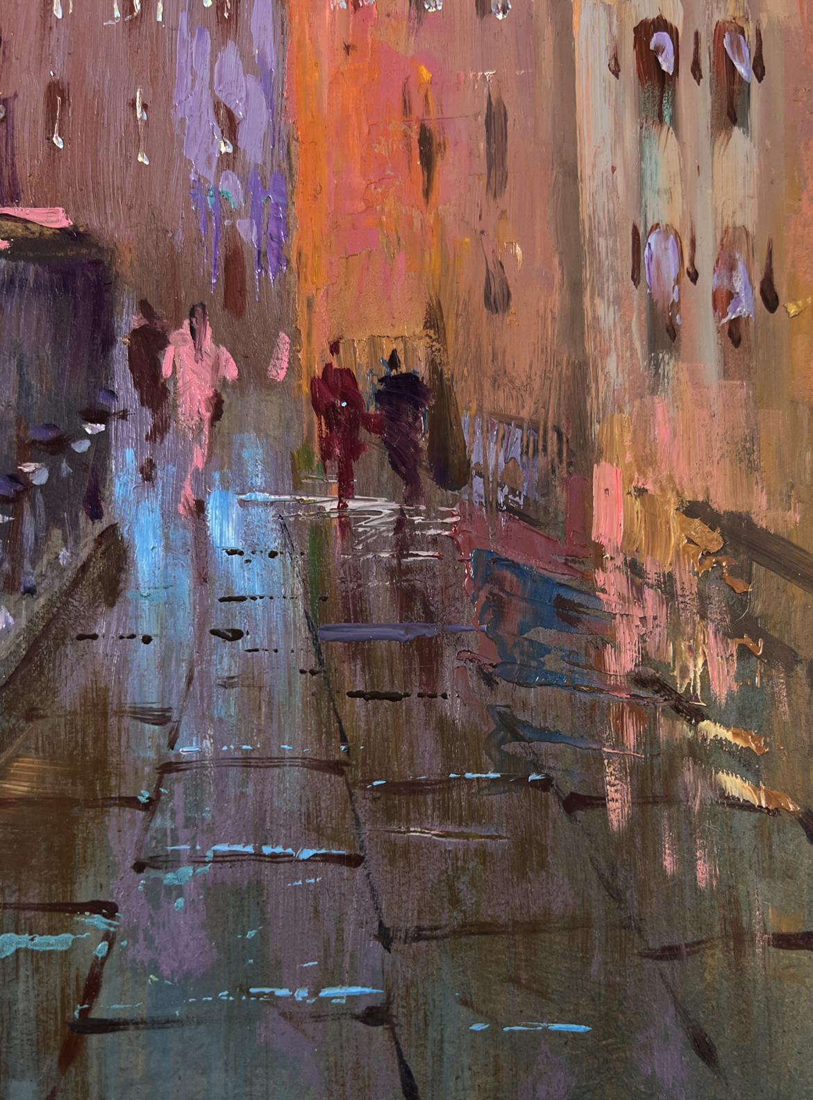 Vibrant impressionistic oil painting of rainy city streets at night by Yuriy Suprunchuk