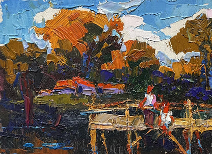 Oil painting Evening freshness by the river Oksana Ivanyuk vibrant orange trees blue sky pier