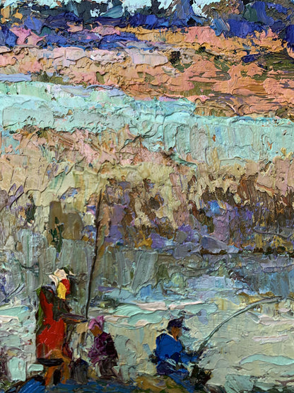 Impressionistic oil painting Fishing with Friends by Oksana Ivanyuk