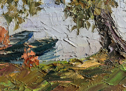 Oil painting of boats on shore by Boris Serdyuk in earthy impasto tones