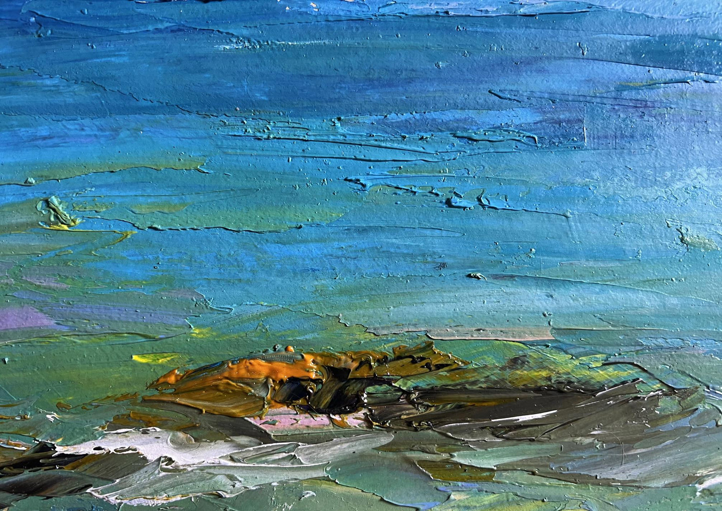 Oil painting Sea and mountains by Boris Serdyuk with blue green brushstrokes