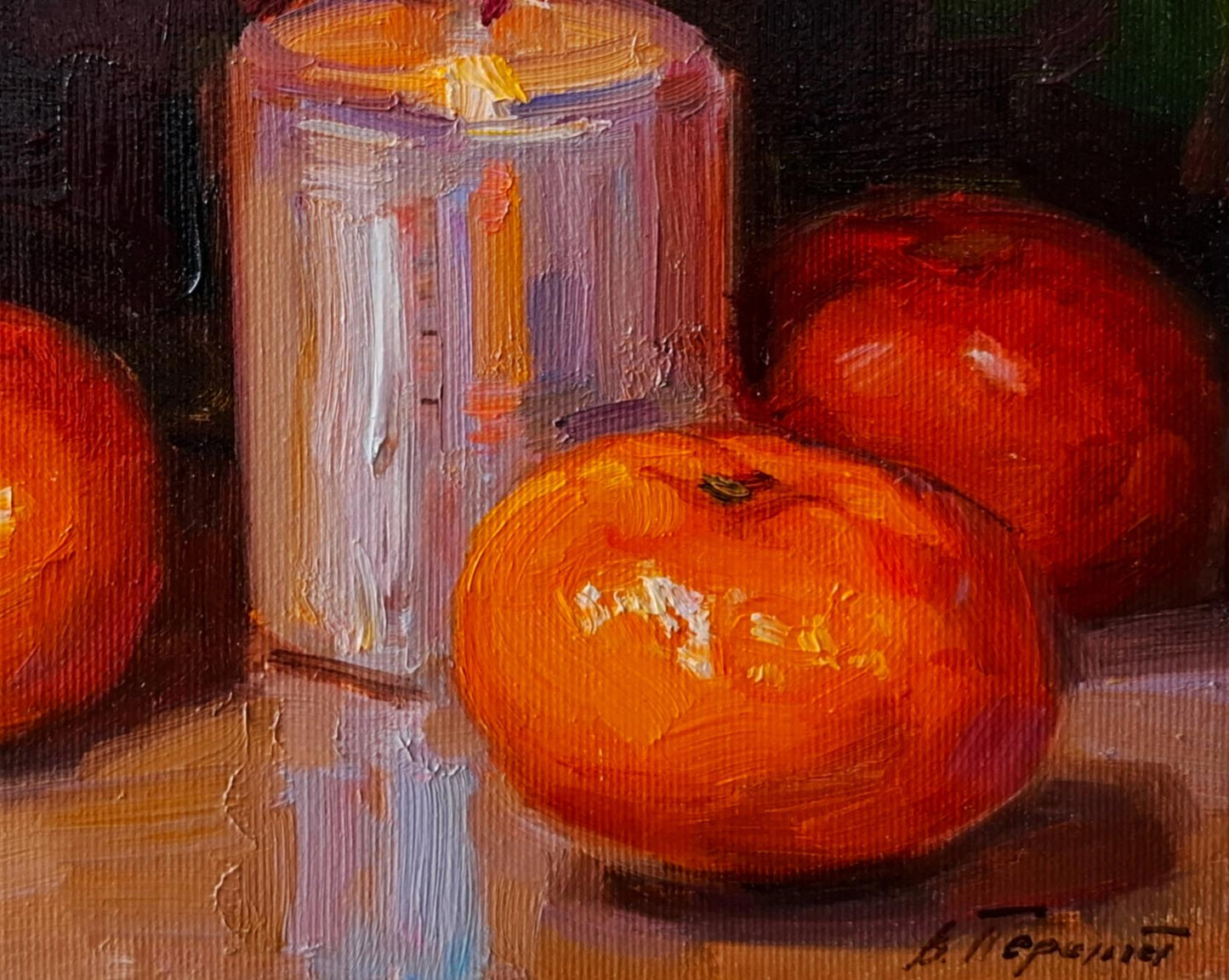 Vibrant orange tangerine with glossy skin in oil painting Mandarines and candle by Vyacheslav Pereta