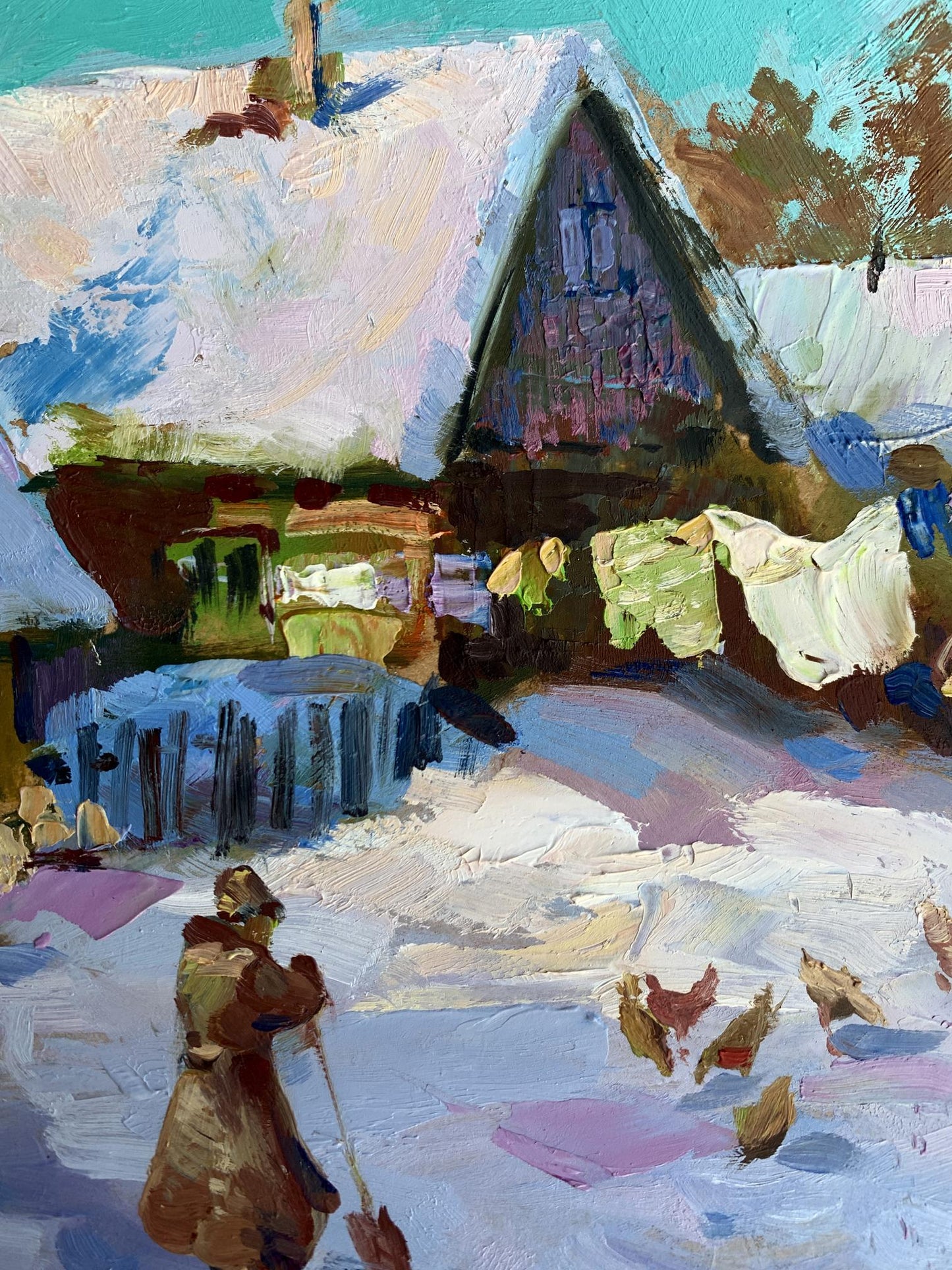 Oil painting by Yuriy Suprunchuk: snow-covered village with rustic house, laundry, chickens