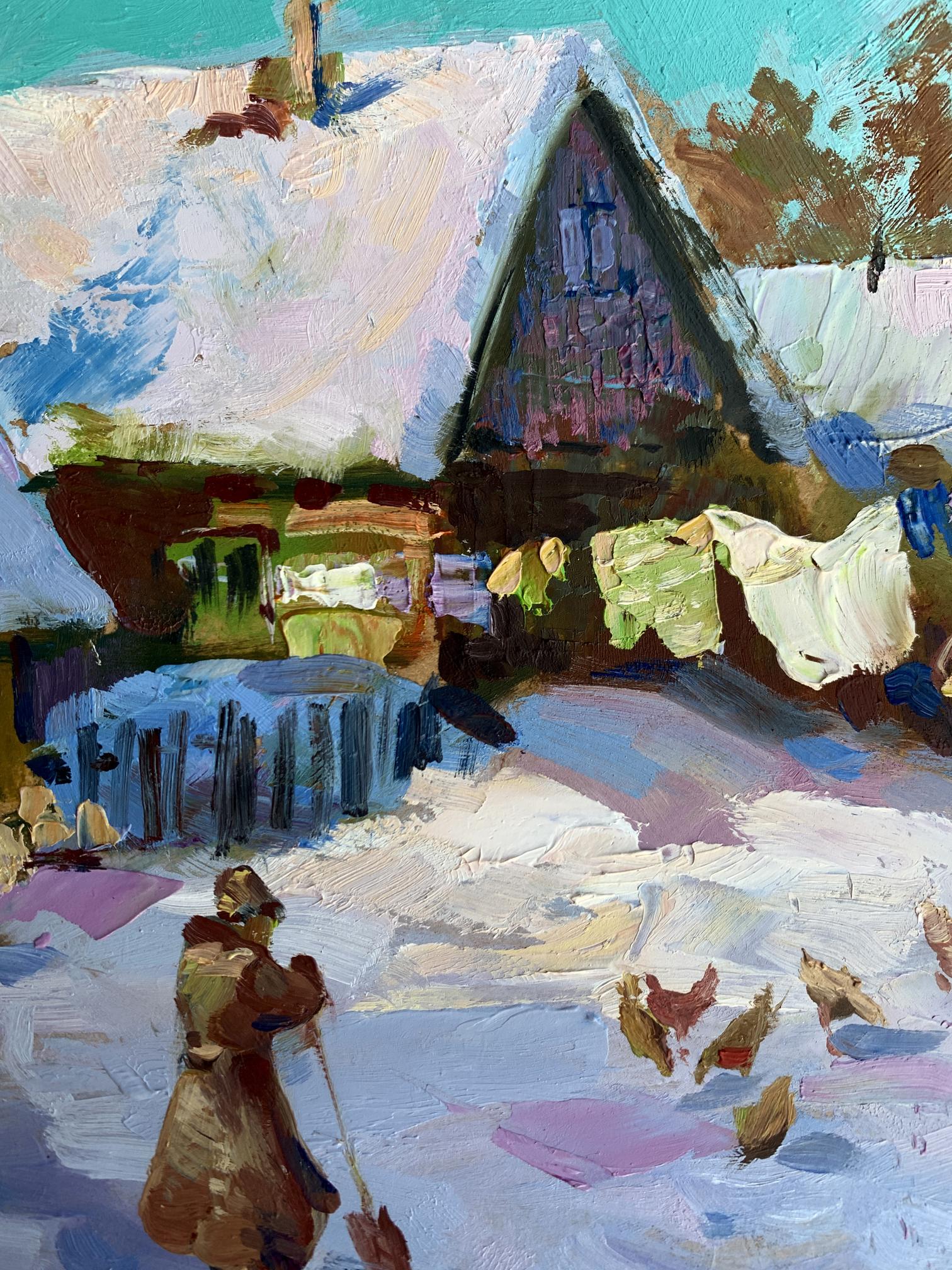Oil painting by Yuriy Suprunchuk: snow-covered village with rustic house, laundry, chickens
