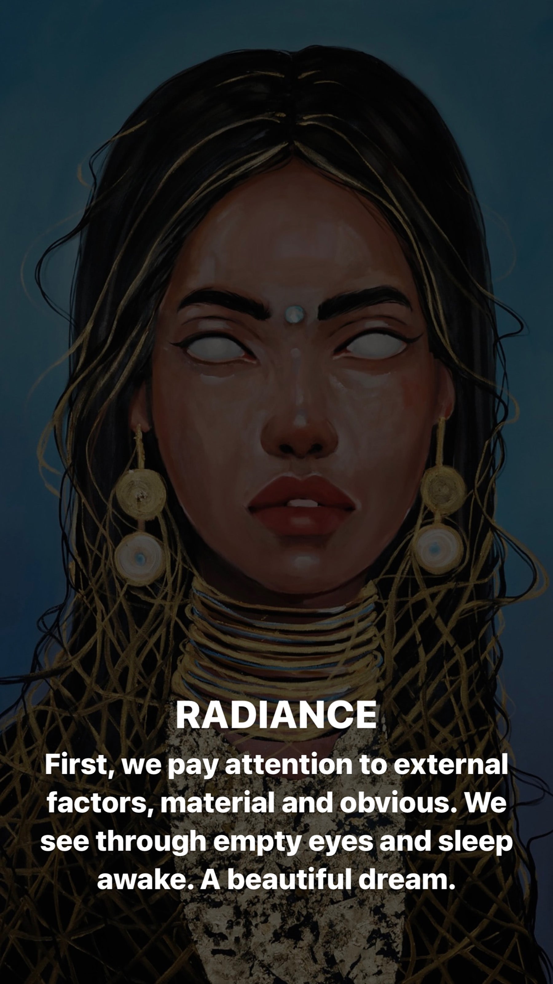 Oil painting Radiance by Victoria Kagalovska: woman with dark wavy hair, gold earrings, choker