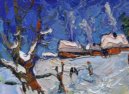 Vibrant impressionist oil painting of Oksana Ivanyuks snowy village streets