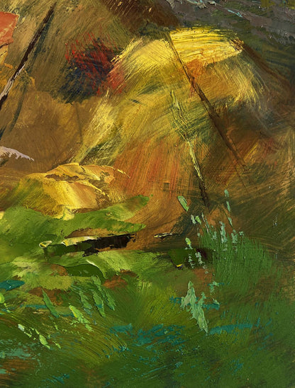 Oil painting Summer Village Life by Yuriy Suprunchuk in golden yellow, brown, green