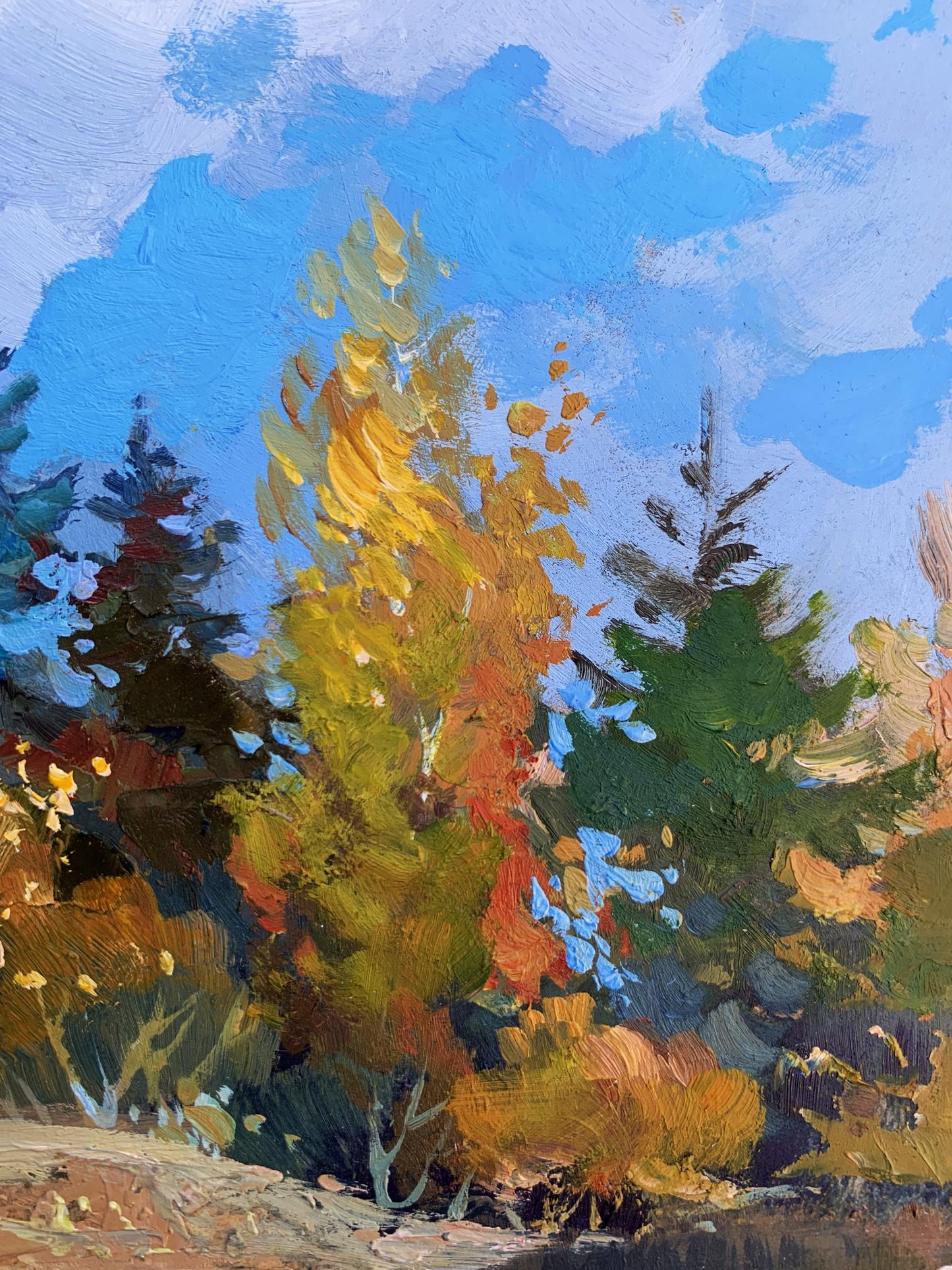 Oil painting Here comes autumn by Yuriy Suprunchuk vibrant forest scene