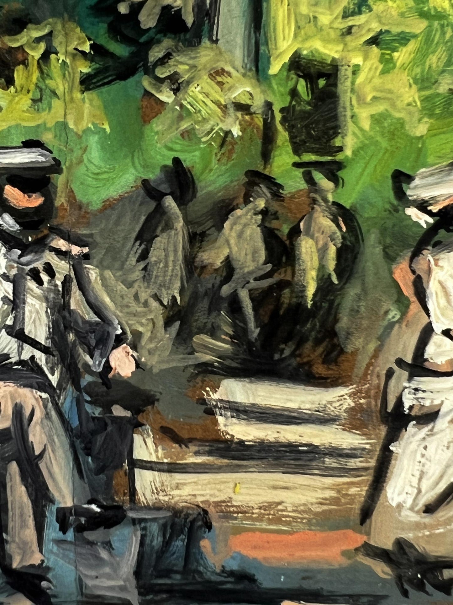 Abstract green black earthy oil painting Gathering of soldiers in the park by Alexander Litvinov