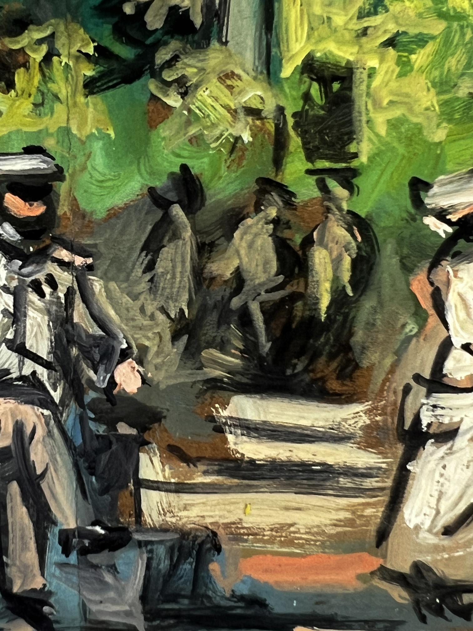 Abstract green black earthy oil painting Gathering of soldiers in the park by Alexander Litvinov