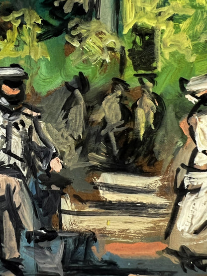 Abstract green black earthy oil painting Gathering of soldiers in the park by Alexander Litvinov