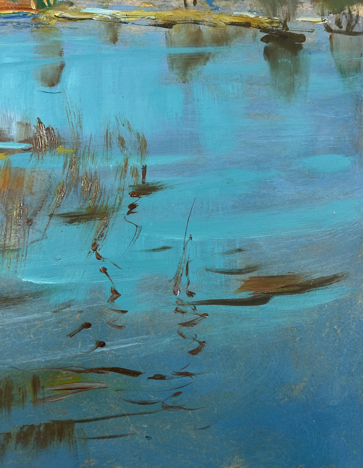 Oil painting The sun and the riverbank by Yuriy Suprunchuk, turquoise water textures