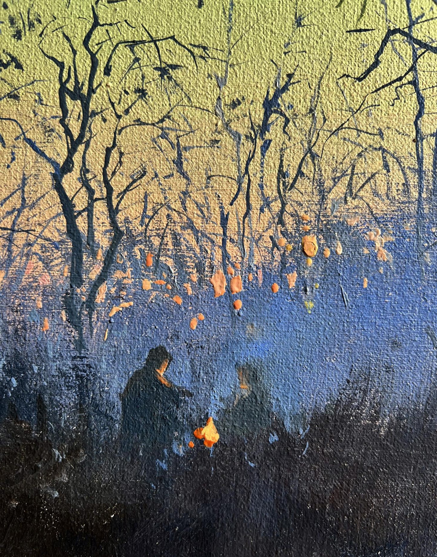 Oil painting Quiet gatherings around the fire by Tatyana Derdey, bare trees silhouetted figures