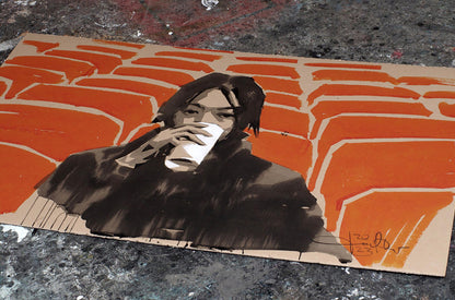 Stylized Moviegoer by Dima Filatov: figure sipping white cup on orange geometric cardboard