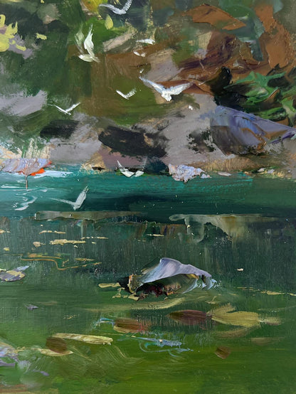 Serene impressionistic oil painting of mountain waterfall with birds and leaves by Yuriy Suprunchuk
