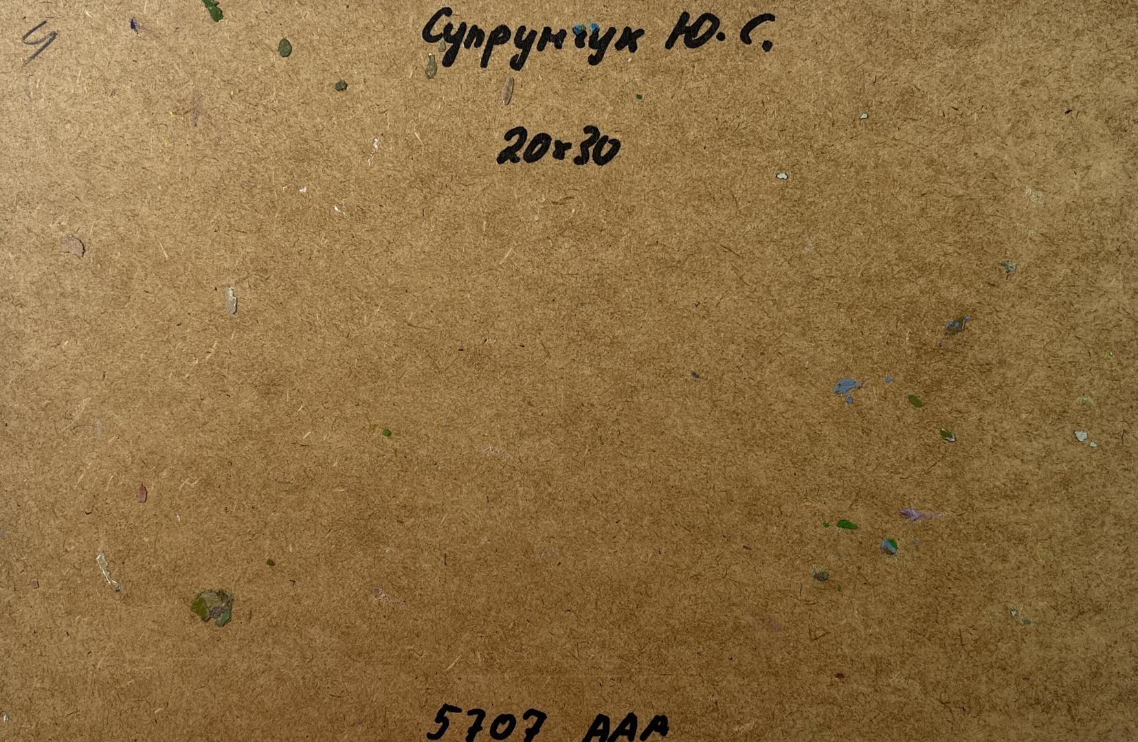 Back of Yuriy Suprunchuk oil painting Tour of the ancient castle with handwritten Cyrillic text and measurements on brown cardboard