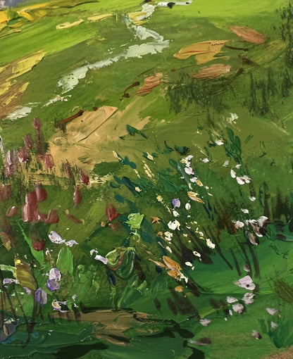 Vibrant impressionist oil painting of lush field with wildflowers by Yuriy Suprunchuk