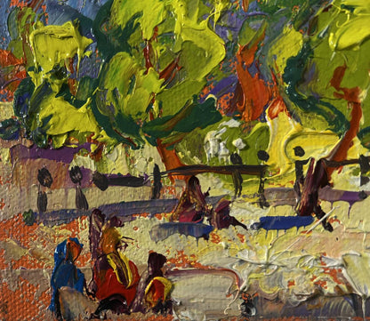 Vibrant impressionist oil painting Spring city in shade of trees by Oleksiy Ivanyuk