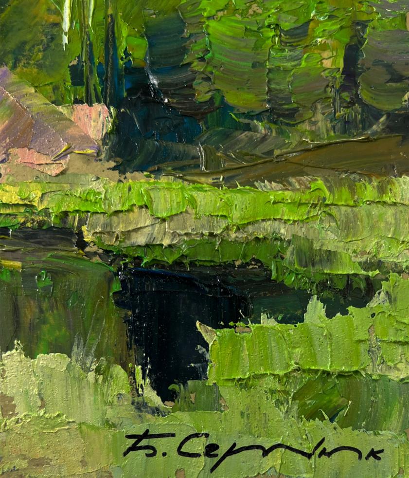 Oil painting Spring lake in the forest by Boris Serdyuk, textured green layers