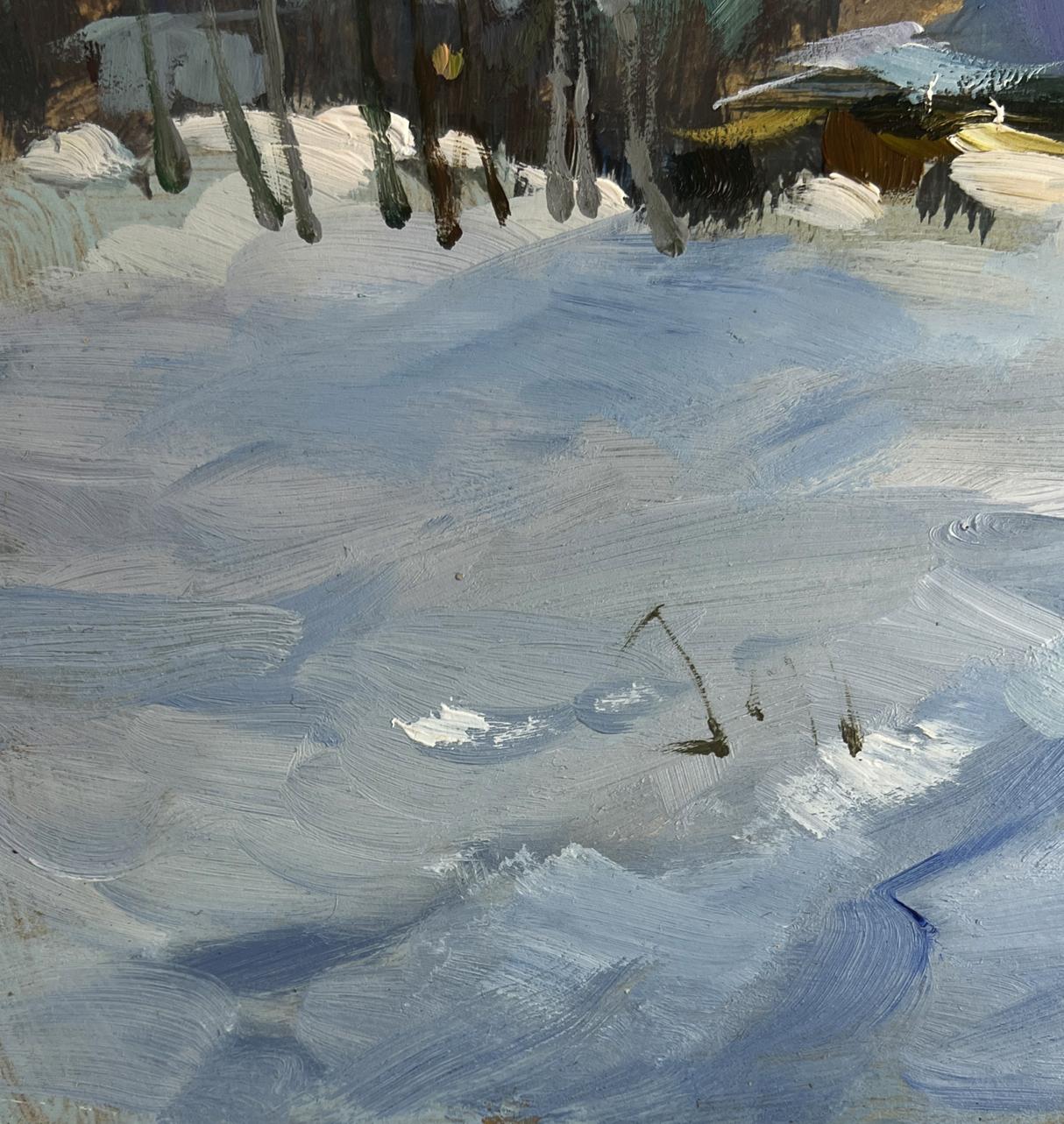Impressionistic snowy monastery evening view oil painting by Yuriy Suprunchuk