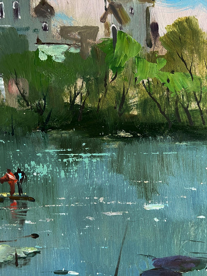 Oil painting of river near church by Yuriy Suprunchuk, serene lake reflection