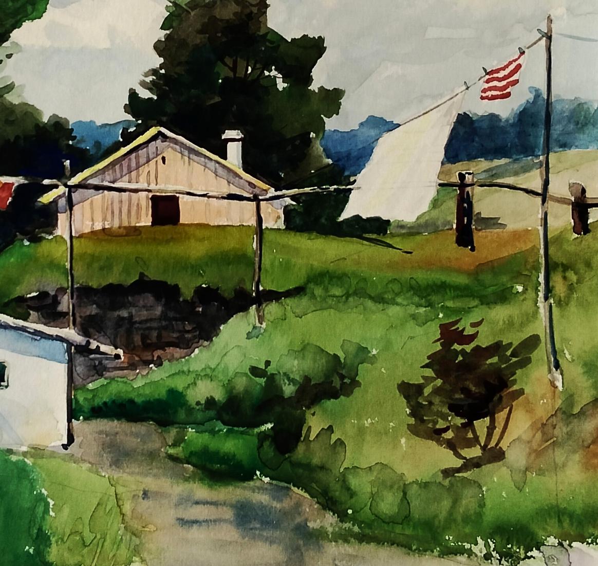 Watercolor painting of rustic barn by Vitaly Duhnevich on rolling hills